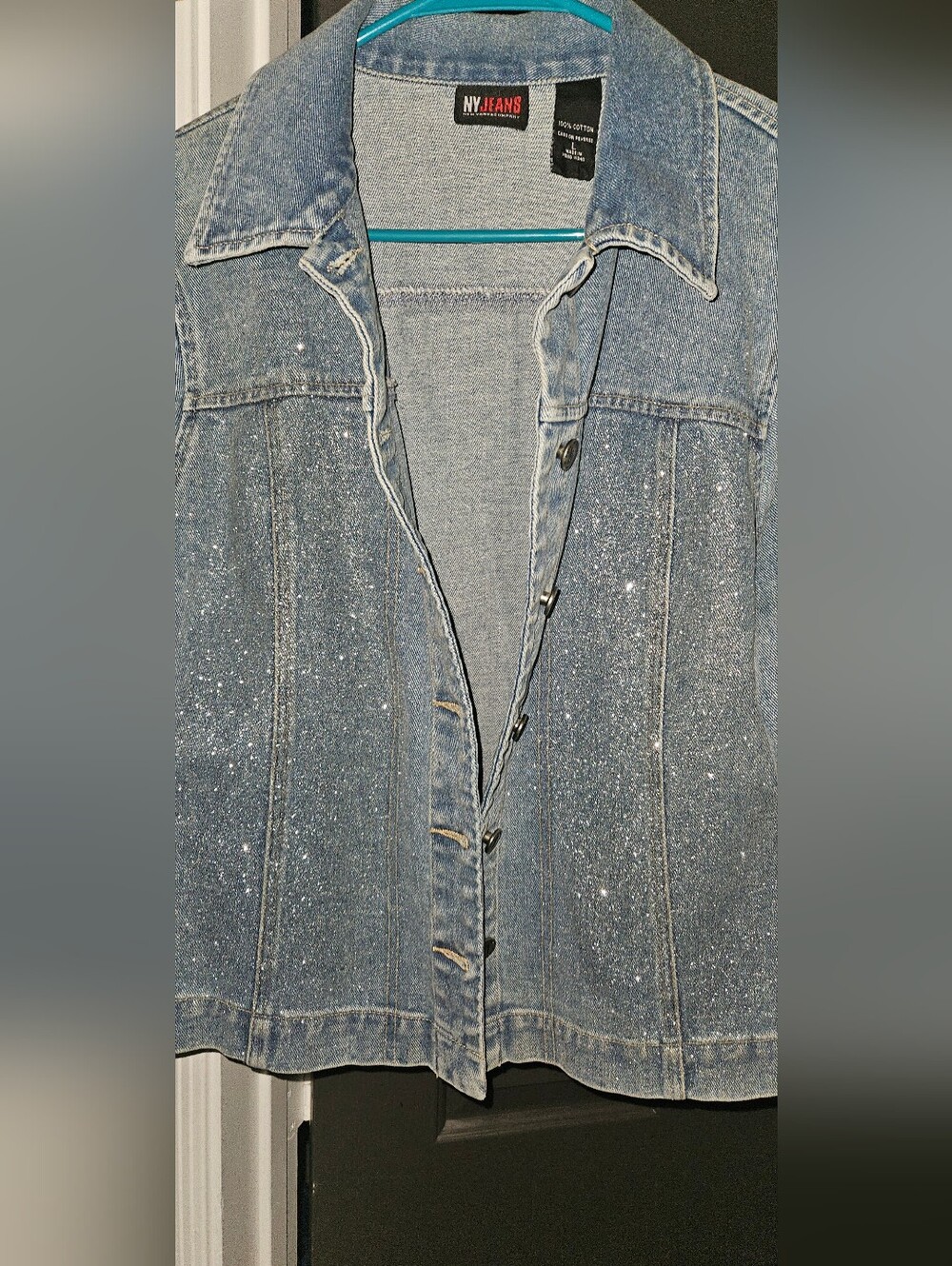 New York & Company Fun GLITTER/SPARKLES Light Blue Denim Jean Jacket Womens Lg